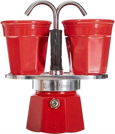 Bialetti - Set Mini Express: Ocak Üstü Espresso Pişirici + 2 Cups - Renk Kırmızı