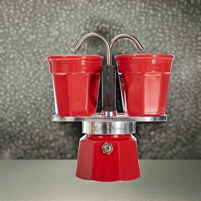Bialetti - Set Mini Express: Ocak Üstü Espresso Pişirici + 2 Cups - Renk Kırmızı
