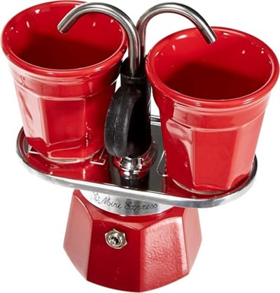 Bialetti - Set Mini Express: Ocak Üstü Espresso Pişirici + 2 Cups - Renk Kırmızı