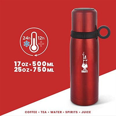 Bialetti - Termos - 460mL - Kırmızı Renk - Paslanmaz Çelik - Çift Katmanlı - 12 Saat Sıcak 24 Saat Soğuk Tutar - Bardaklı Kapak Özelliği