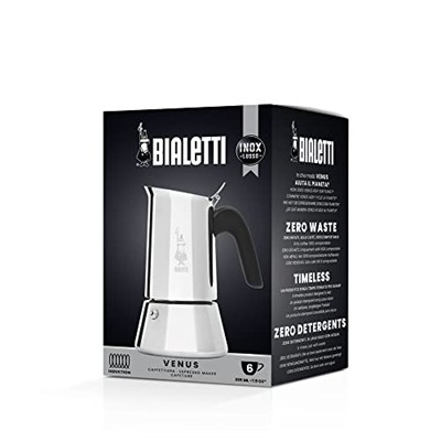 Bialetti - Venus: 6 Cups Ocak Üstü Espresso Pişirici - 235ml - Gümüş Renk - Paslanmaz Çelik Gövde - Patentli Güvenlik Valfi - Tüm Ocak Türleri İçin Uygundur (İndüksiyon Dahil)