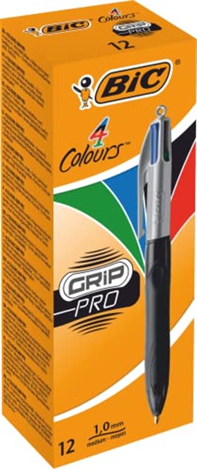 BIC 4 Colours Grip Pro Tükenmez Kalem 12Li Kutu, Kauçuk Tutacak, 1.0mm Uç, Tek Kalemde Mavi, Kırmızı, Yeşil ve Siyah Renkler