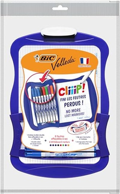 BIC 967444 Velleda Cliiip Set Beyaz Tahta (21 x 31 cm) Silecek; 8 Silinebilir Marker -10lu Set, Çeşitli Renklerde