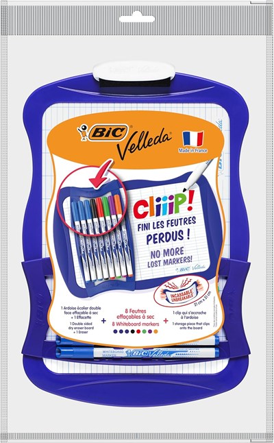 BIC 967444 Velleda Cliiip Set Beyaz Tahta (21 x 31 cm) Silecek; 8 Silinebilir Marker -10lu Set, Çeşitli Renklerde