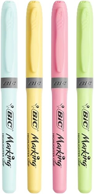 BIC Intensity Highlighter Grip Pastel Marker Fosforlu Kalem 6lı Blister, Su Bazlı Mürekkep, 6 Pastel Renk, Kauçuk Tutaçlı