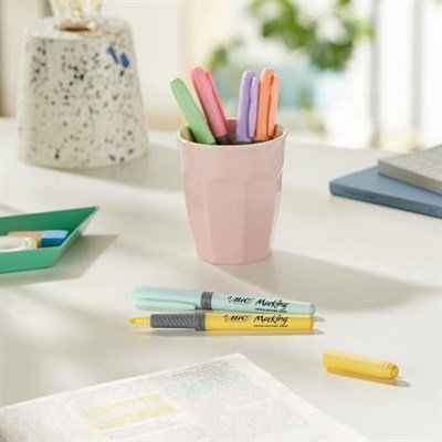 BIC Intensity Highlighter Grip Pastel Marker Fosforlu Kalem 6lı Blister, Su Bazlı Mürekkep, 6 Pastel Renk, Kauçuk Tutaçlı