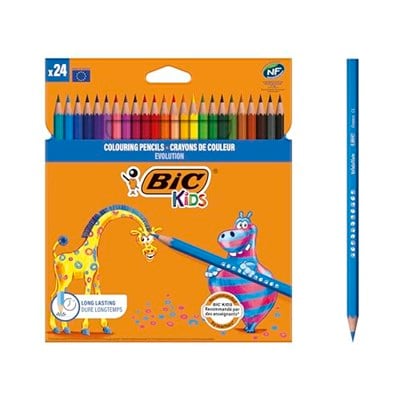 BIC Kids Evolution Kuru Boya Kalemi, 24lü Kutu, Kıymık Oluşturmaz, Çiğnemeye Karşı Dayanıklı, Kolay Açılır
