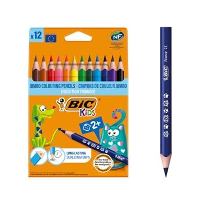 BIC Kids Evolution Üçgen Jumbo Kuru Boya Kalemi, 12li Kutu, 2 Yaş ve Üzeri Çocuklar için İdeal, Kıymık Oluşturmaz, Çiğnemeye Karşı Dayanıklı