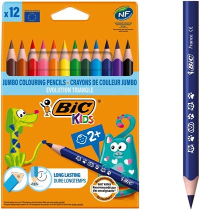 BIC Kids Evolution Üçgen Jumbo Kuru Boya Kalemi, 12li Kutu, 2 Yaş ve Üzeri Çocuklar için İdeal, Kıymık Oluşturmaz, Çiğnemeye Karşı Dayanıklı
