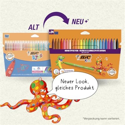 BIC Kids Kid Couleur Ultra Yıkanabilir Keçeli Boya Kalemi 24 Renk, Kolayca Çoğu Kumaştan Çıkar, Su Bazlı Keçeli Kalem