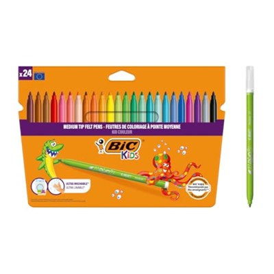 BIC Kids Kid Couleur Ultra Yıkanabilir Keçeli Boya Kalemi 24 Renk, Kolayca Çoğu Kumaştan Çıkar, Su Bazlı Keçeli Kalem