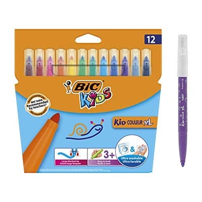 BIC Kids Kid Couleur XL Keçeli Kalem, 12 Yıkanabilir Renkte, Kalın Uçlu, Karton Kutuda, 3 Yaşından İtibaren
