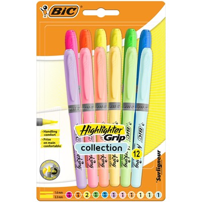 BIC Vurgulayıcı Tutacağı, Ekstra Konfor için Fitilli Kauçuk Tutucu, Su Bazlı Mürekkep, Çeşitli Yoğun ve Pastel Renkler, 12li Paket