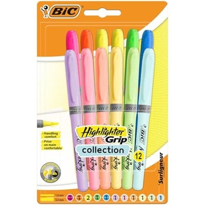 BIC Vurgulayıcı Tutacağı, Ekstra Konfor için Fitilli Kauçuk Tutucu, Su Bazlı Mürekkep, Çeşitli Yoğun ve Pastel Renkler, 12li Paket