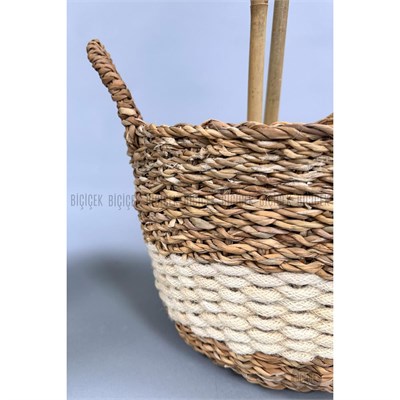 Biçiçek 140 Cm Yapay Bambu Ağacı Krem Hasır Saksıda
