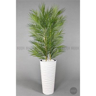 Biçiçek Yapay Areka Ağacı Palmiye Ağacı 33 Yapraklı Bambu Gövdeli Beyaz Kumsal Saksı Salon Çiçeği 150cm