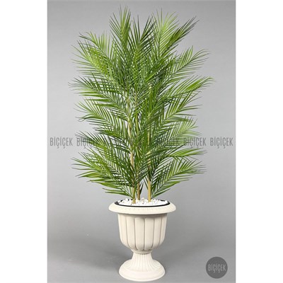 Biçiçek Yapay Areka Ağacı Palmiye Ağacı 33 Yapraklı Bambu Gövdeli Kırıkbeyaz Nergis Saksı Salon Çiçeği 130cm