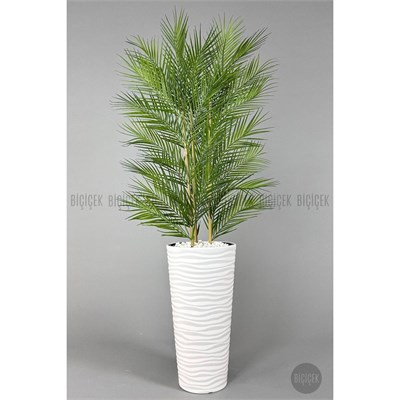 Biçiçek Yapay Areka Ağacı Palmiye Ağacı 33 Yapraklı Bambu Gövdeli Beyaz Kumsal Saksı Salon Çiçeği 150cm