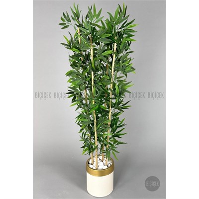 Biçiçek Yapay Bambu Ağacı 140cm Krem Gold Metal Saksıda