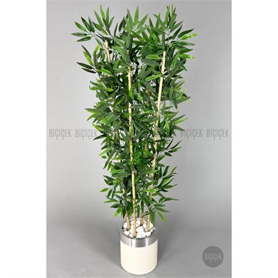 Biçiçek Yapay Bambu Ağacı 140cm Krem Gümüş Metal Saksıda
