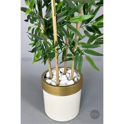 Biçiçek Yapay Bambu Ağacı 140cm Krem Gold Metal Saksıda