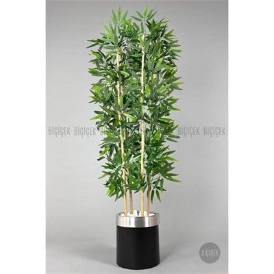Biçiçek Yapay Bambu Ağacı 140cm Siyah Gümüş Metal Saksıda