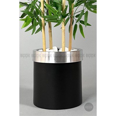 Biçiçek Yapay Bambu Ağacı 140cm Siyah Gümüş Metal Saksıda