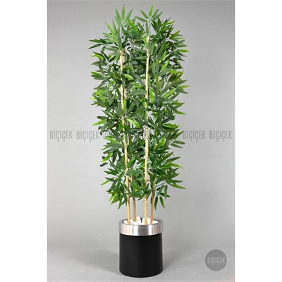 Biçiçek Yapay Bambu Ağacı 140cm Siyah Gümüş Metal Saksıda
