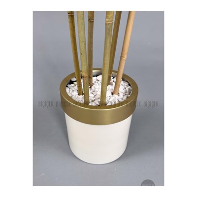 Biçiçek Yapay Bambu Ağacı 170cm Krem Metal Saksıda Gold