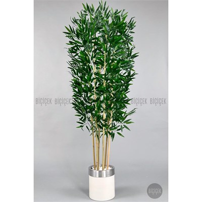 Biçiçek Yapay Bambu Ağacı 170cm Krem Metal Saksıda Gümüş