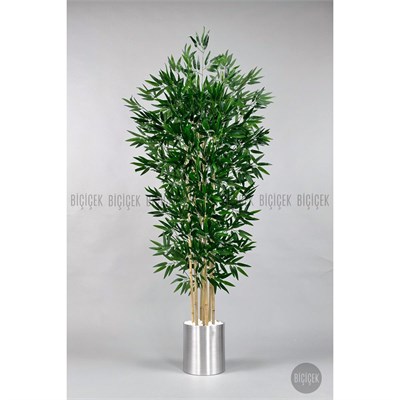 Biçiçek Yapay Bambu Ağacı 180cm Metal Saksıda Yoğun Yapraklı 7 Dallı