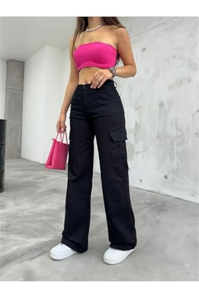 BİKELİFE Açık Yeşil Kargo Cepli Likralı Yüksek Bel Wide Leg Pantolon-1