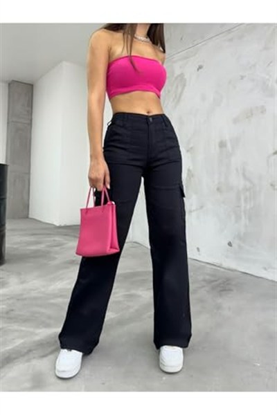 BİKELİFE Açık Yeşil Kargo Cepli Likralı Yüksek Bel Wide Leg Pantolon-1