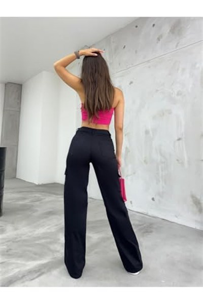 BİKELİFE Açık Yeşil Kargo Cepli Likralı Yüksek Bel Wide Leg Pantolon-1