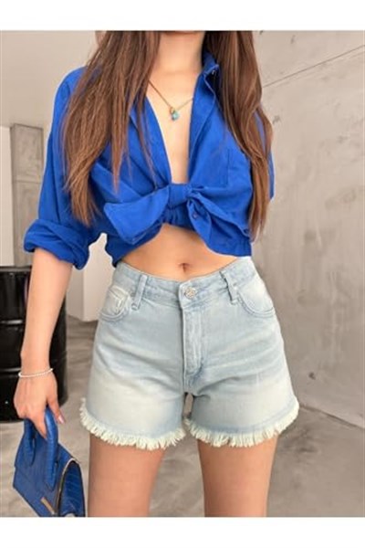 BİKELİFE Kadın Kar Yıkama Soluk Efektli Beş Cep Yüksek Bel Paçası Püsküllü Denim Şort-1
