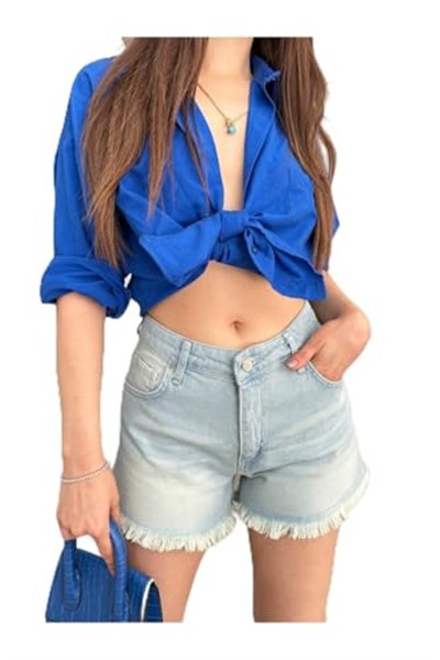 BİKELİFE Kadın Kar Yıkama Soluk Efektli Beş Cep Yüksek Bel Paçası Püsküllü Denim Şort-1