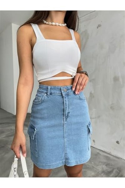 BİKELİFE Kadın Kargo Cep Detaylı Yüksek Bel Mini Denim Etek-1