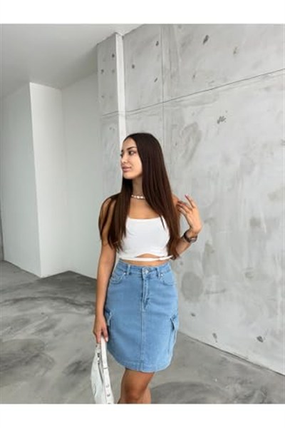 BİKELİFE Kadın Kargo Cep Detaylı Yüksek Bel Mini Denim Etek-1