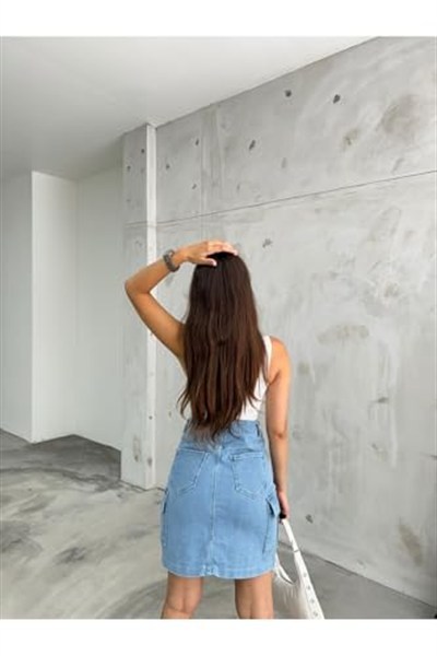 BİKELİFE Kadın Kargo Cep Detaylı Yüksek Bel Mini Denim Etek-1