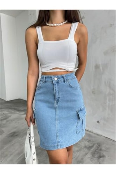 BİKELİFE Kadın Kargo Cep Detaylı Yüksek Bel Mini Denim Etek-1