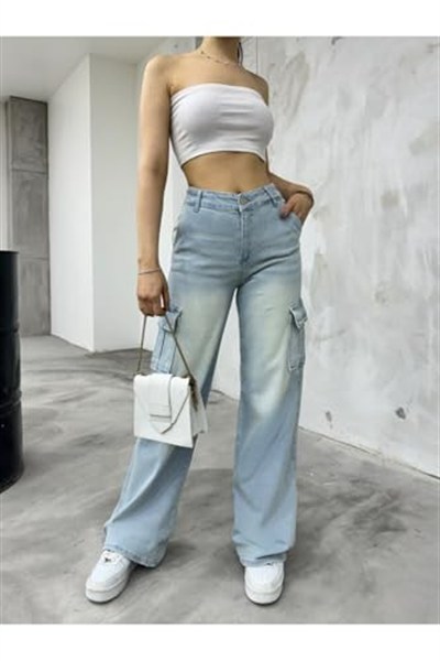 BİKELİFE Kadın Soluk Efekt Vintage Yüksek Bel Wide Leg Kargo Pantolon-1