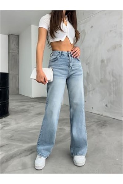BİKELİFE Kadın Soluk Efekt Vintage Yüksek Bel Wide Leg Jeans-1