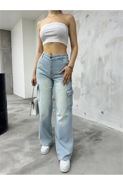 BİKELİFE Kadın Soluk Efekt Vintage Yüksek Bel Wide Leg Kargo Pantolon-1