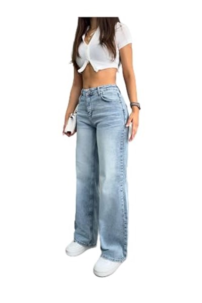 BİKELİFE Kadın Soluk Efekt Vintage Yüksek Bel Wide Leg Jeans-1