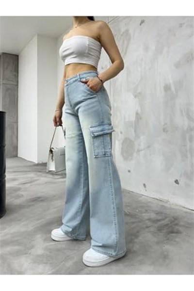 BİKELİFE Kadın Soluk Efekt Vintage Yüksek Bel Wide Leg Kargo Pantolon-1