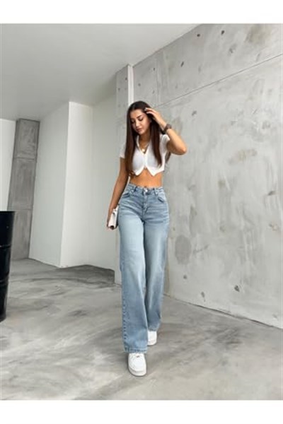 BİKELİFE Kadın Soluk Efekt Vintage Yüksek Bel Wide Leg Jeans-1