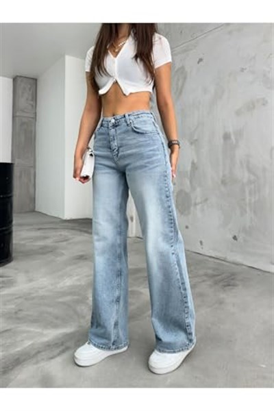 BİKELİFE Kadın Soluk Efekt Vintage Yüksek Bel Wide Leg Jeans-1