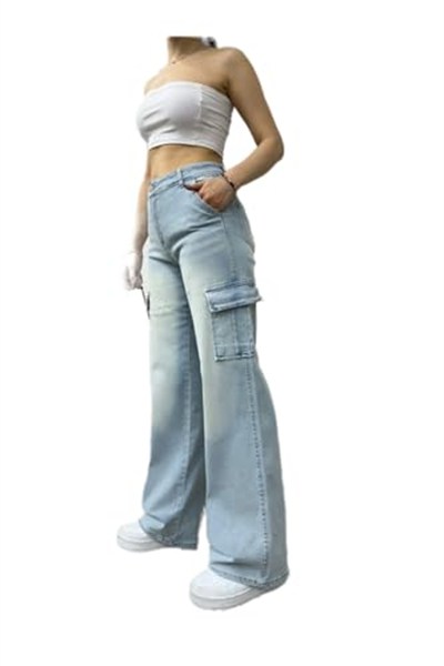 BİKELİFE Kadın Soluk Efekt Vintage Yüksek Bel Wide Leg Kargo Pantolon-1