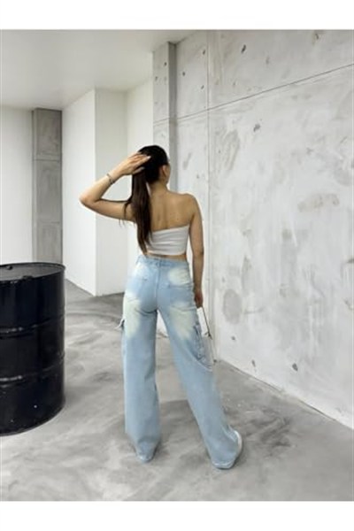 BİKELİFE Kadın Soluk Efekt Vintage Yüksek Bel Wide Leg Kargo Pantolon-1