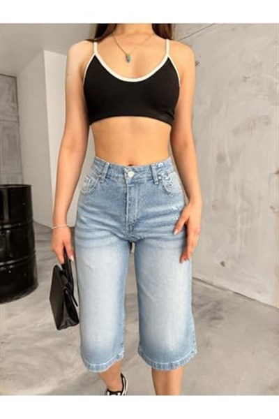 BİKELİFE Kadın Yüksek Bel Diz Altı Baggy Bermuda Şort Denim-1